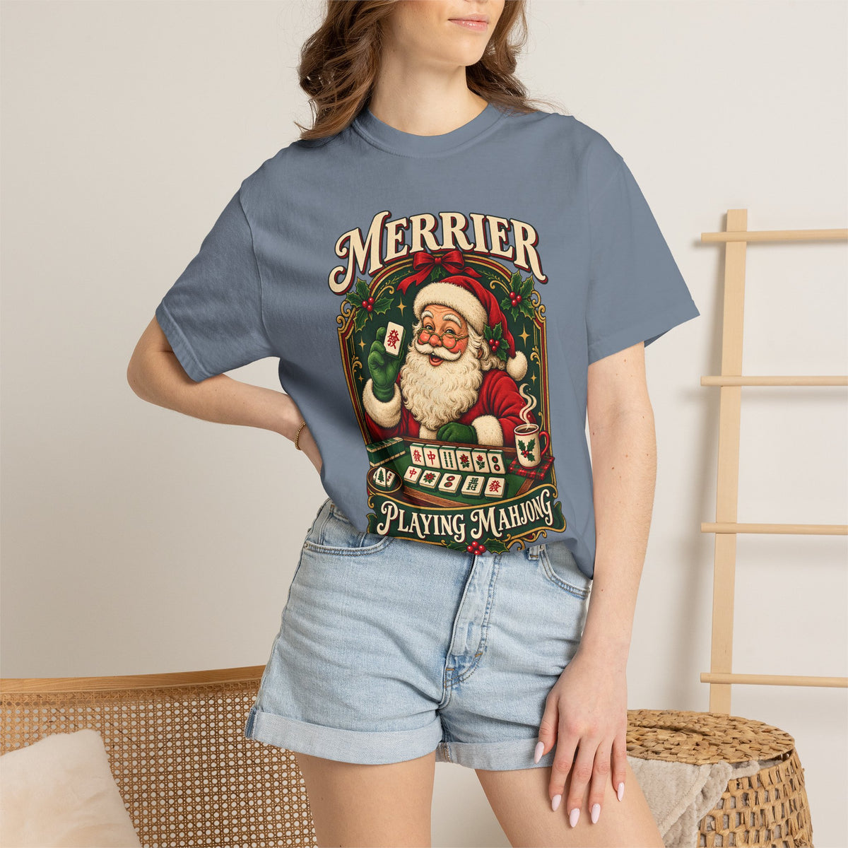 Merrier Playing Mahjong Vintage Santa Holiday Tee