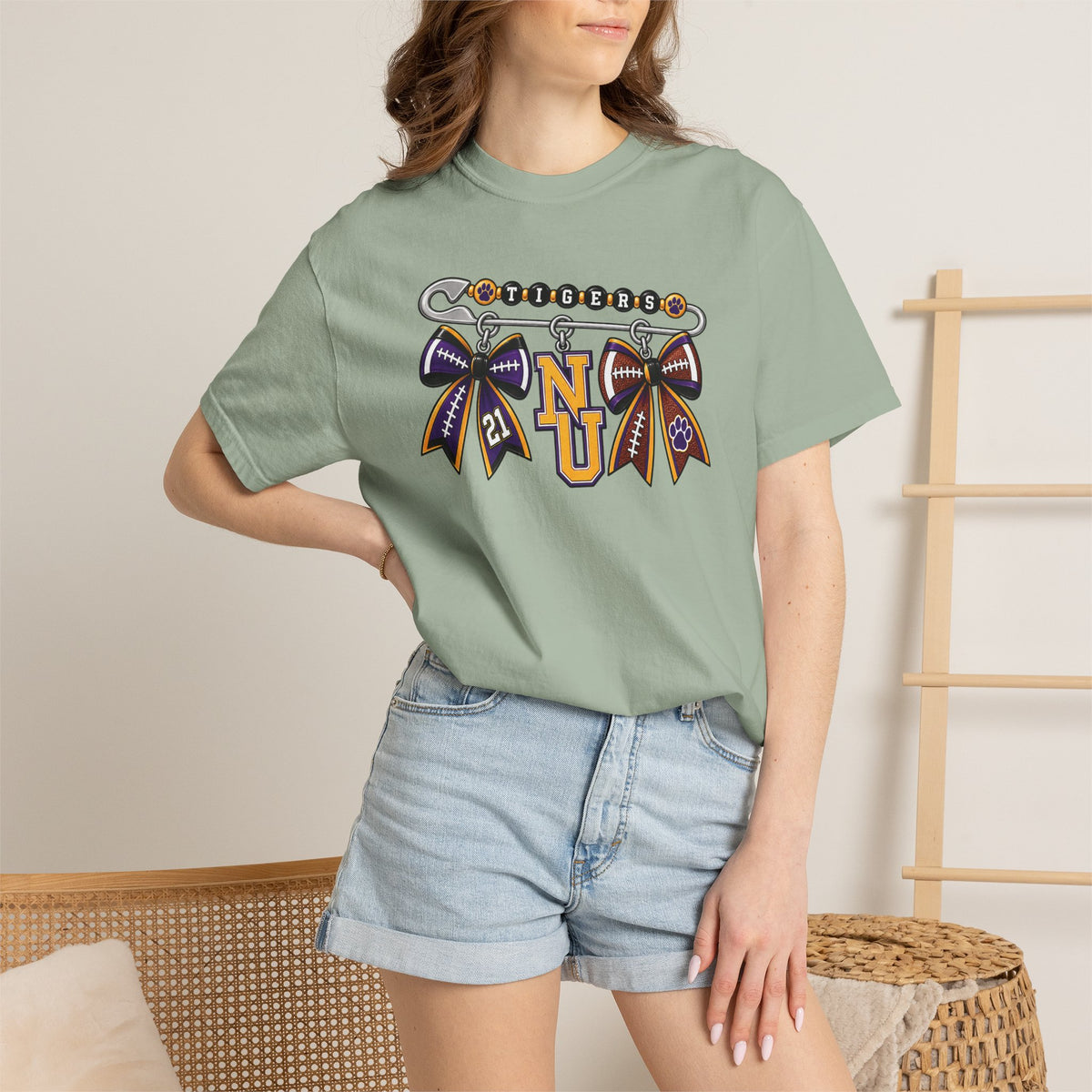 Safety Pin Charm TShirt Purple Gold Cheer Ribbon Design
