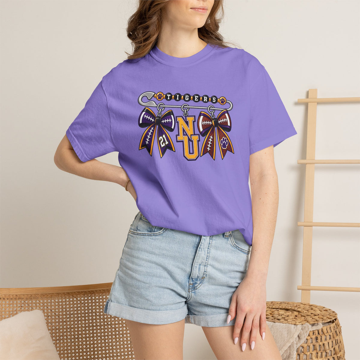 Safety Pin Charm TShirt Purple Gold Cheer Ribbon Design