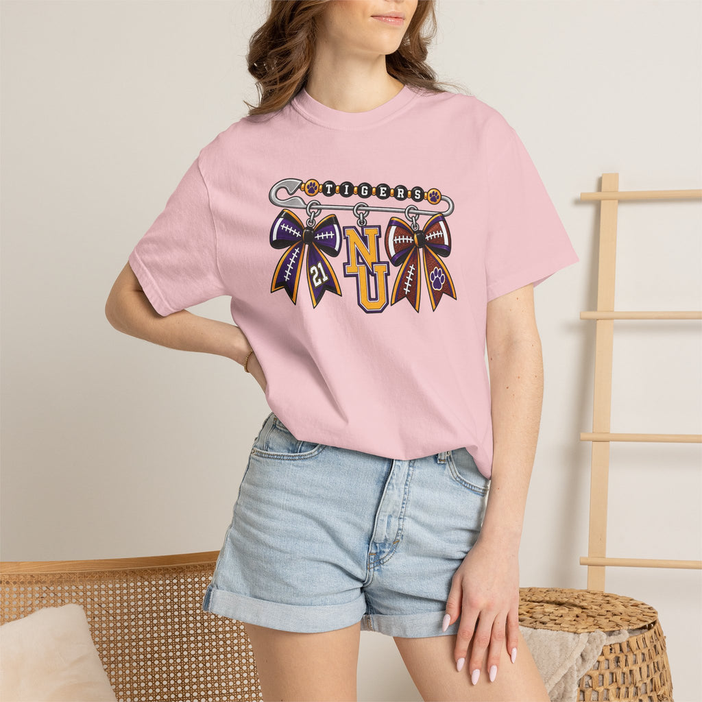 Safety Pin Charm TShirt Purple Gold Cheer Ribbon Design