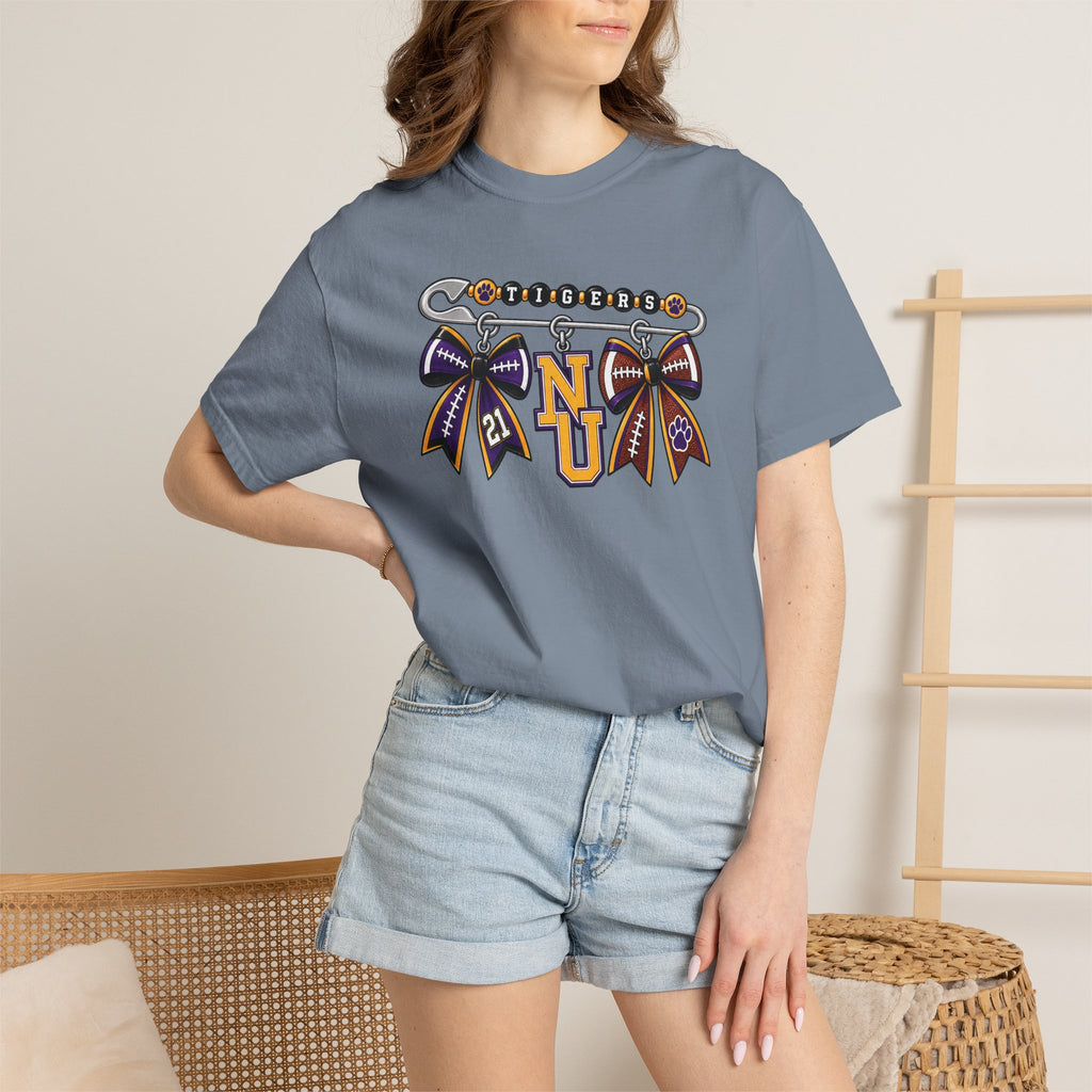 Safety Pin Charm TShirt Purple Gold Cheer Ribbon Design