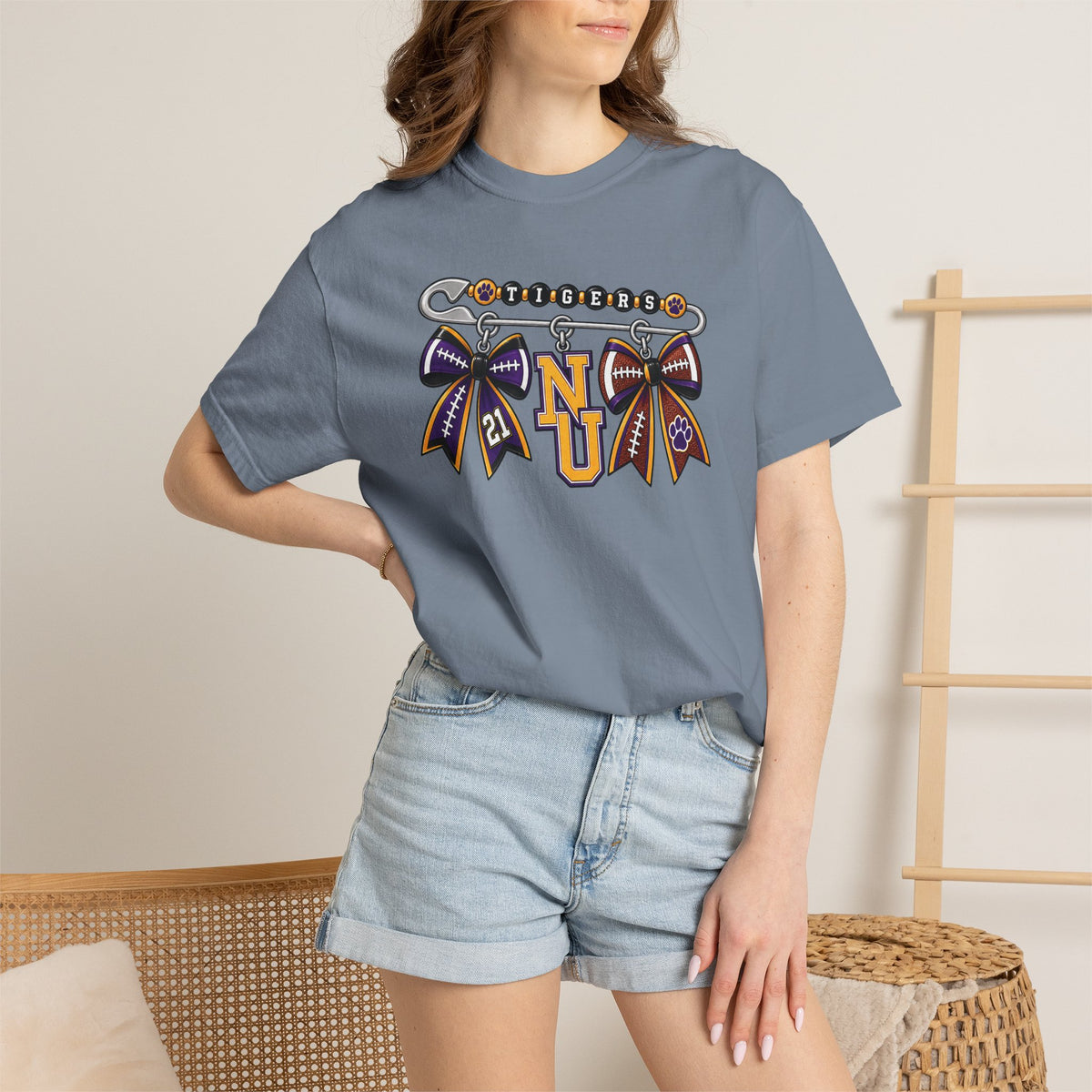 Safety Pin Charm TShirt Purple Gold Cheer Ribbon Design