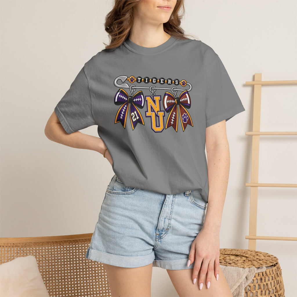 Safety Pin Charm TShirt Purple Gold Cheer Ribbon Design