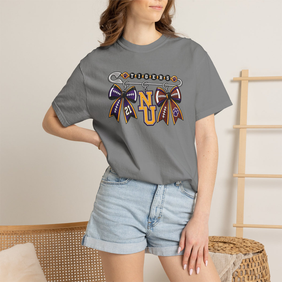 Safety Pin Charm TShirt Purple Gold Cheer Ribbon Design