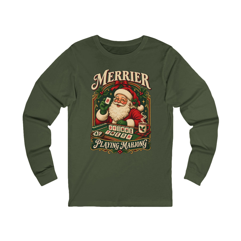 Merrier Playing Mahjong Long Sleeve Tee — Vintage Santa Christmas Shirt