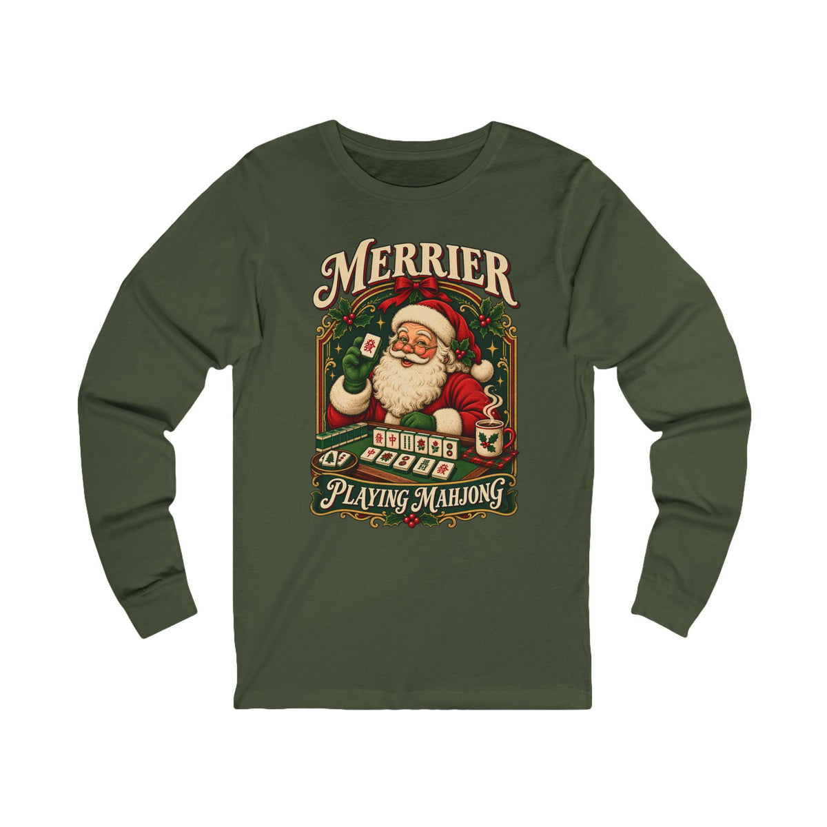 Merrier Playing Mahjong Long Sleeve Tee — Vintage Santa Christmas Shirt