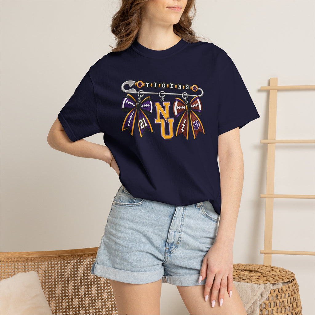 Safety Pin Charm TShirt Purple Gold Cheer Ribbon Design