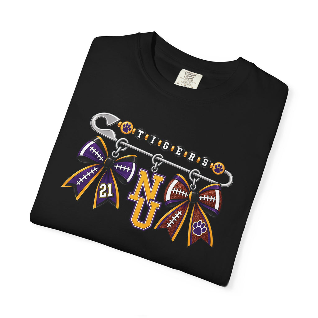 Safety Pin Charm TShirt Purple Gold Cheer Ribbon Design