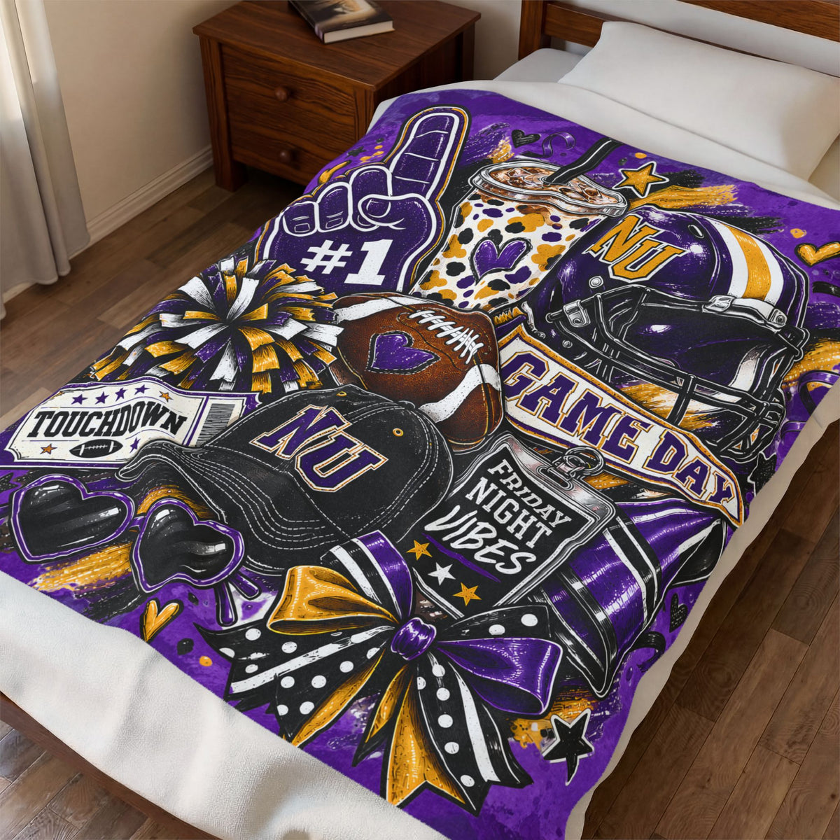 Velveteen Plush Blanket - Purple 'Game Day' Football Collage (NU) - Friday Night Vibes Throw