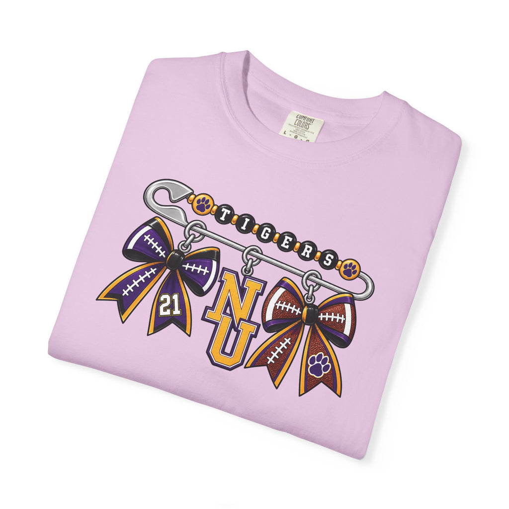 Safety Pin Charm TShirt Purple Gold Cheer Ribbon Design