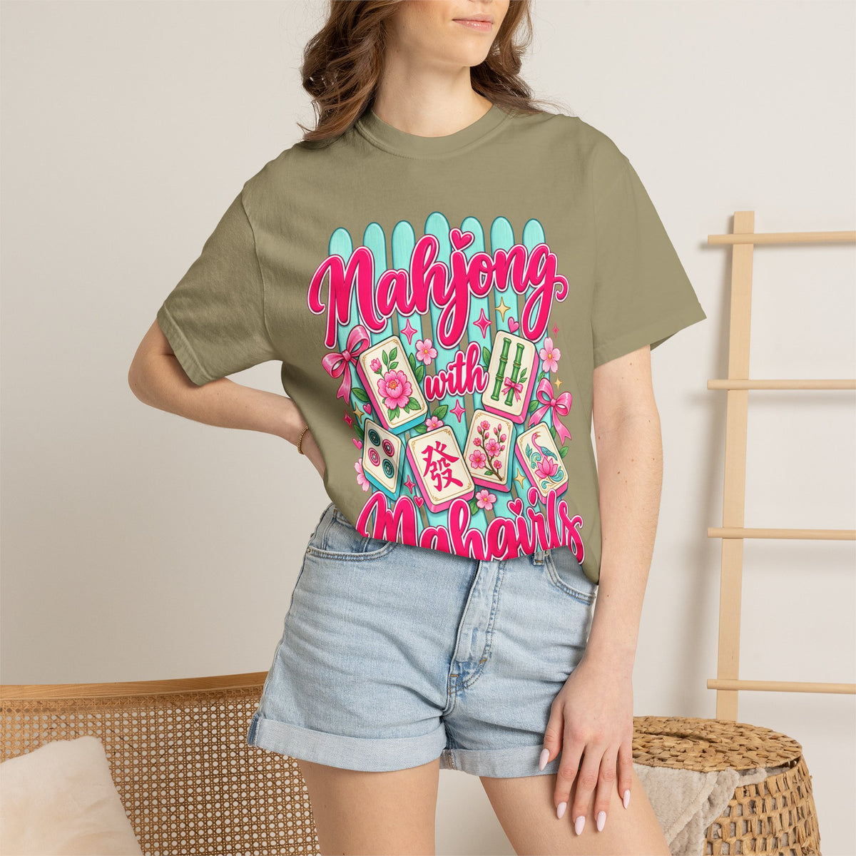 Mahjong with Mahgirls T-Shirt — Cute Floral Mahjong Tiles Tee for Mahjong Lovers