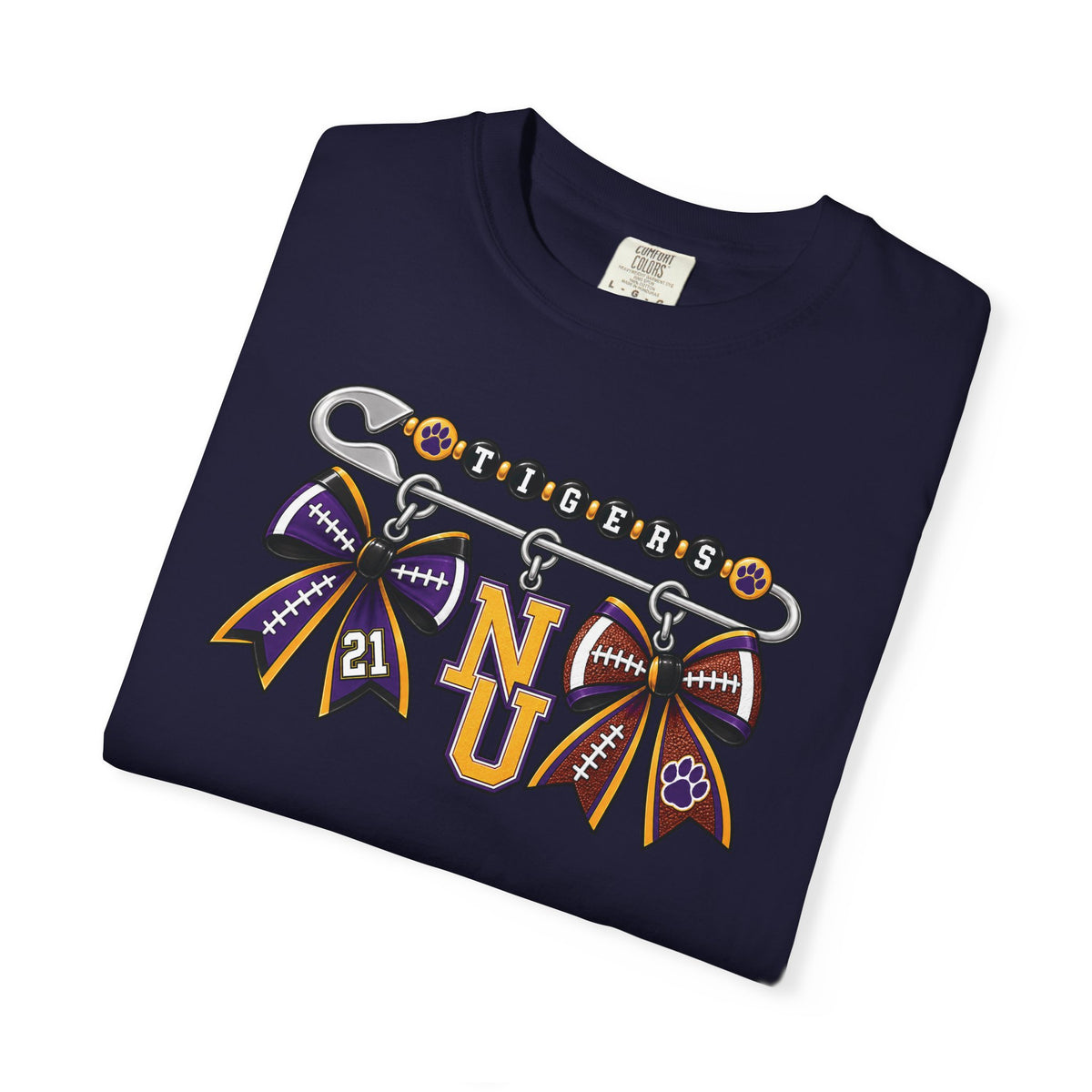Safety Pin Charm TShirt Purple Gold Cheer Ribbon Design