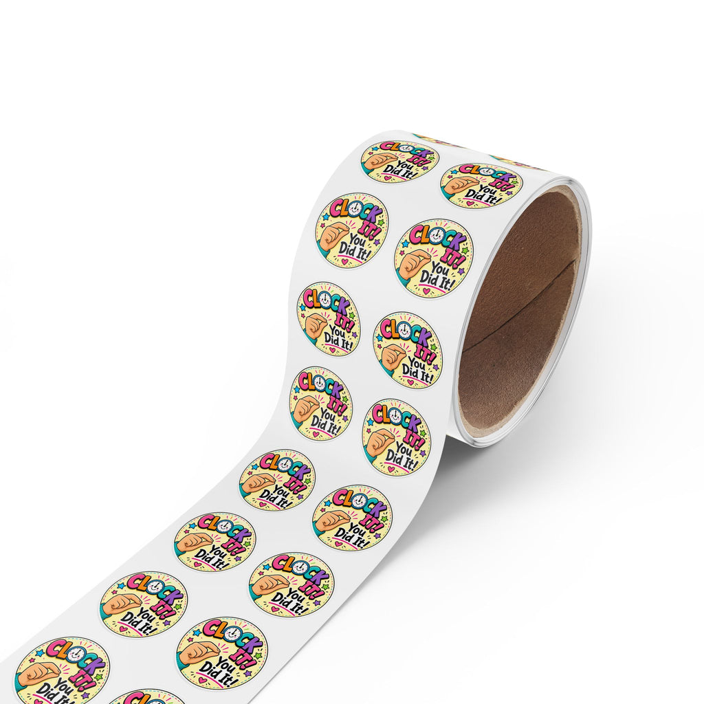 Round Reward Stickers — “Clock It! You Did It!” Positive Reinforcement Label Rolls