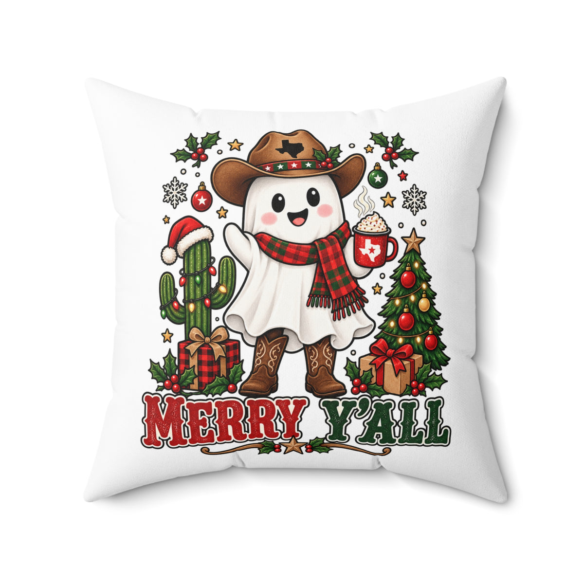 Halloween & Christmas Ghost Cowboy Pillow – “Boo Y'all” / “Merry Y'all” Decorative Throw Pillow