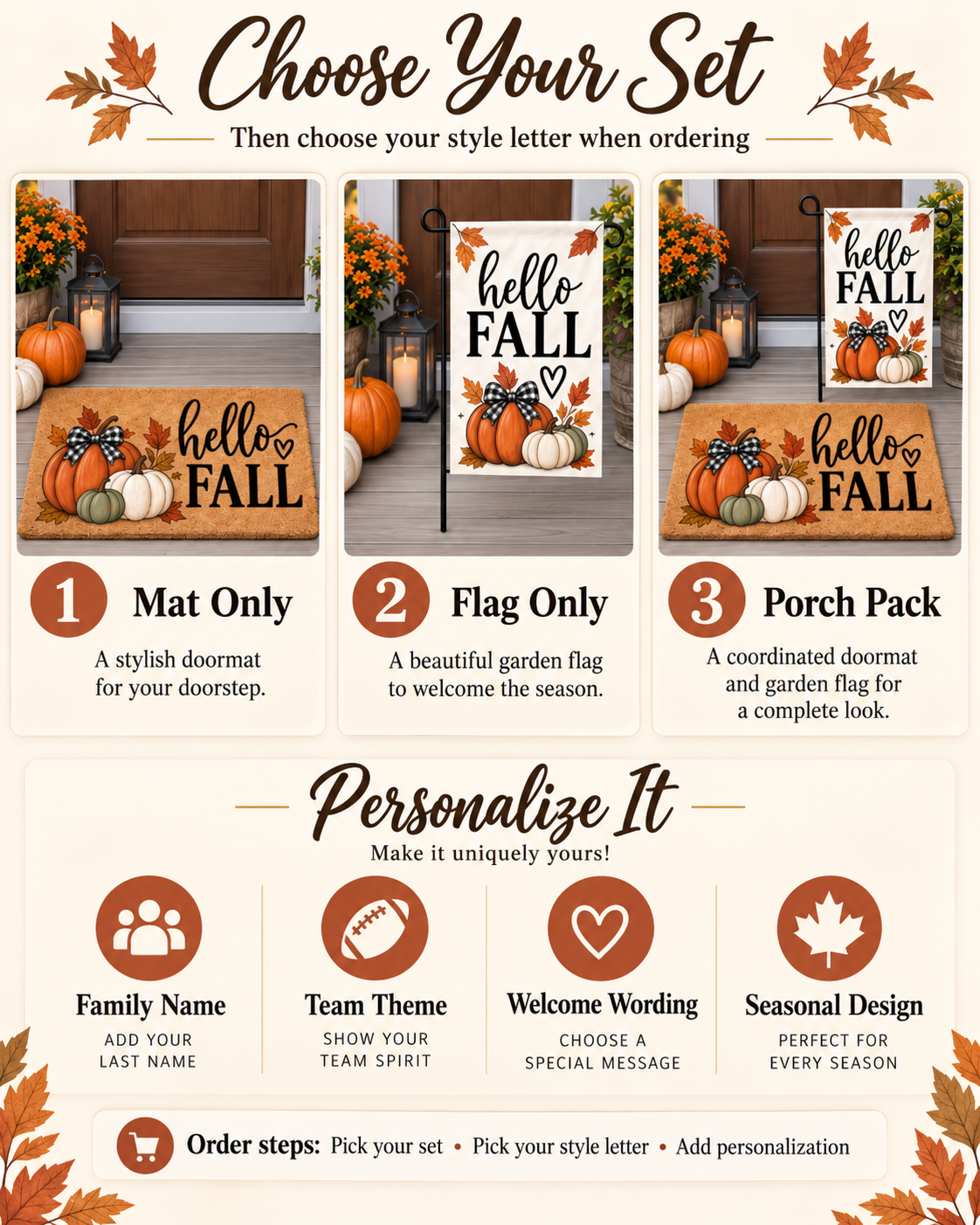 Personalized Fall Porch Set | Custom Doormat + Garden Flag | Autumn, Football, Halloween & Family Porch Decor