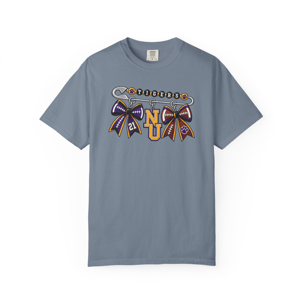 Safety Pin Charm TShirt Purple Gold Cheer Ribbon Design