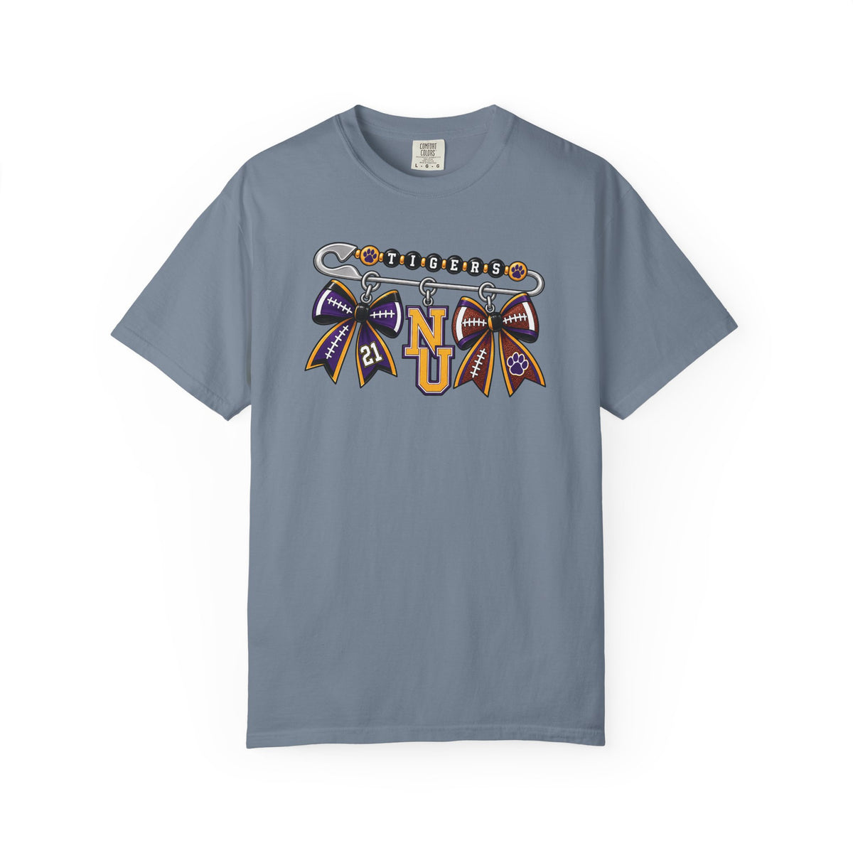 Safety Pin Charm TShirt Purple Gold Cheer Ribbon Design