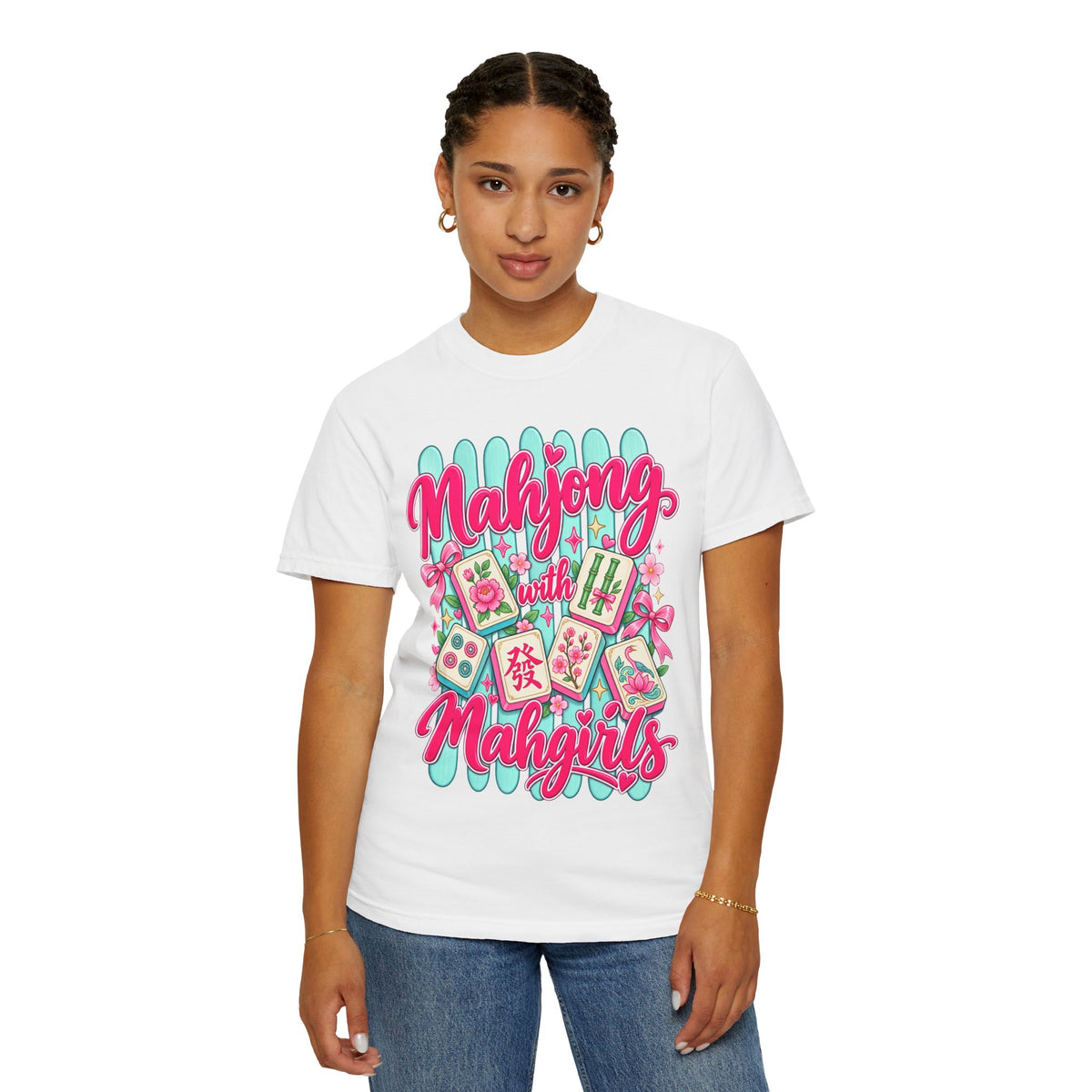 Mahjong with Mahgirls T-Shirt — Cute Floral Mahjong Tiles Tee for Mahjong Lovers