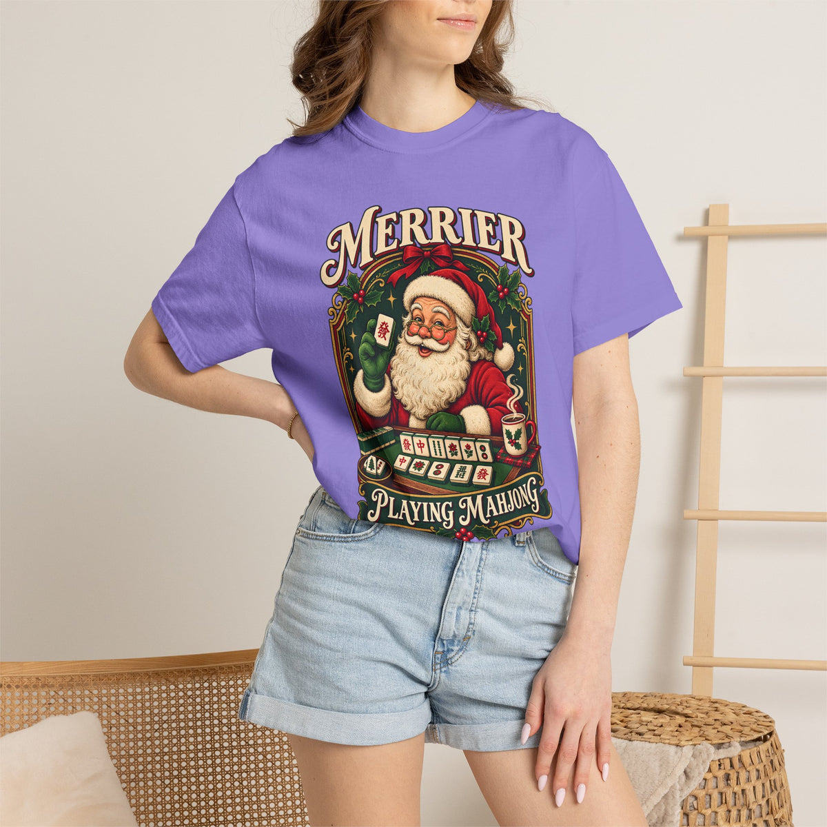 Merrier Playing Mahjong Vintage Santa Holiday Tee