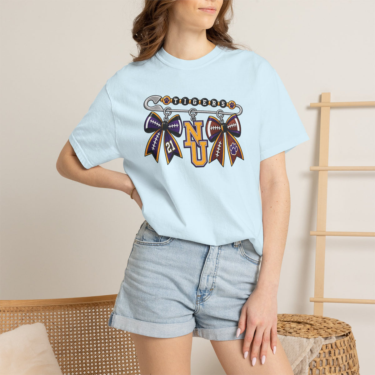 Safety Pin Charm TShirt Purple Gold Cheer Ribbon Design