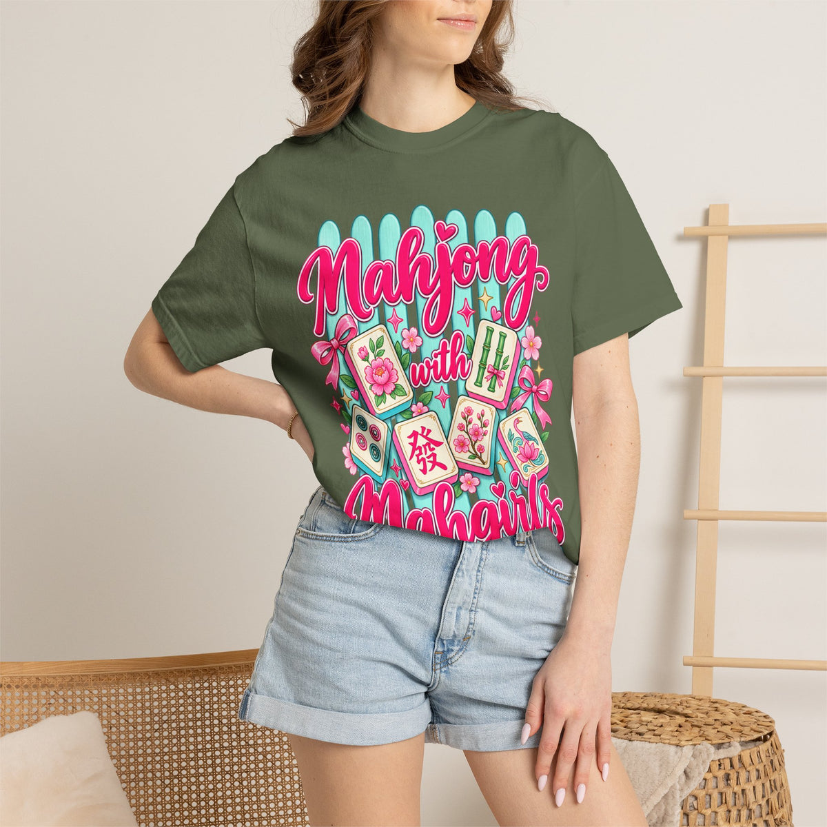 Mahjong with Mahgirls T-Shirt — Cute Floral Mahjong Tiles Tee for Mahjong Lovers
