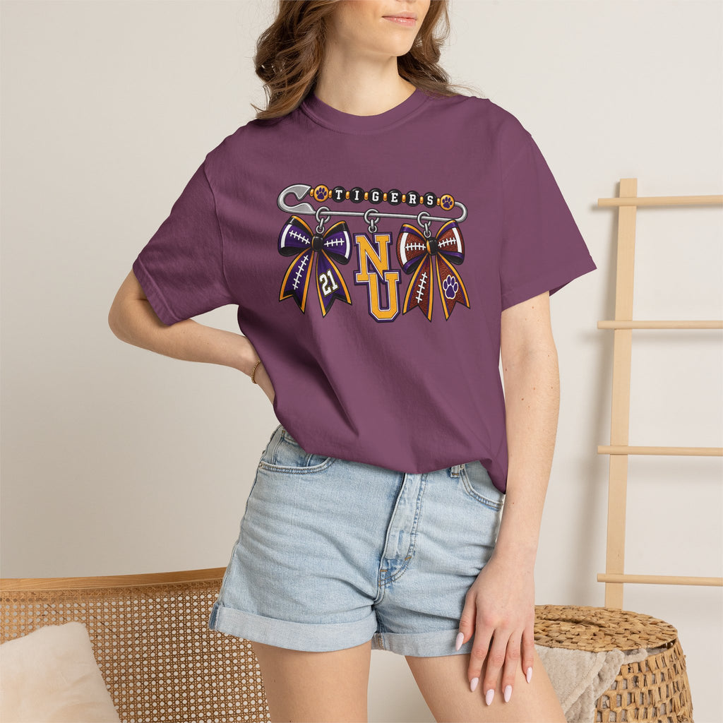 Safety Pin Charm TShirt Purple Gold Cheer Ribbon Design