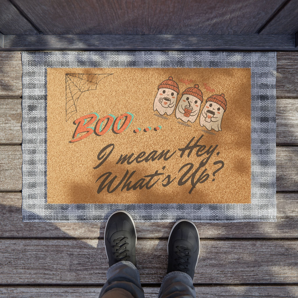 Halloween Ghost Doormat — "Boo... I mean Hey, What’s Up?" Welcome Mat