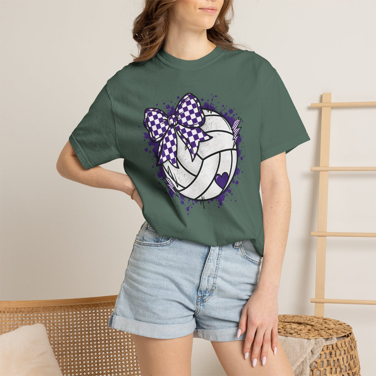 Volleyball Heart Purple Bow Graphic Tee