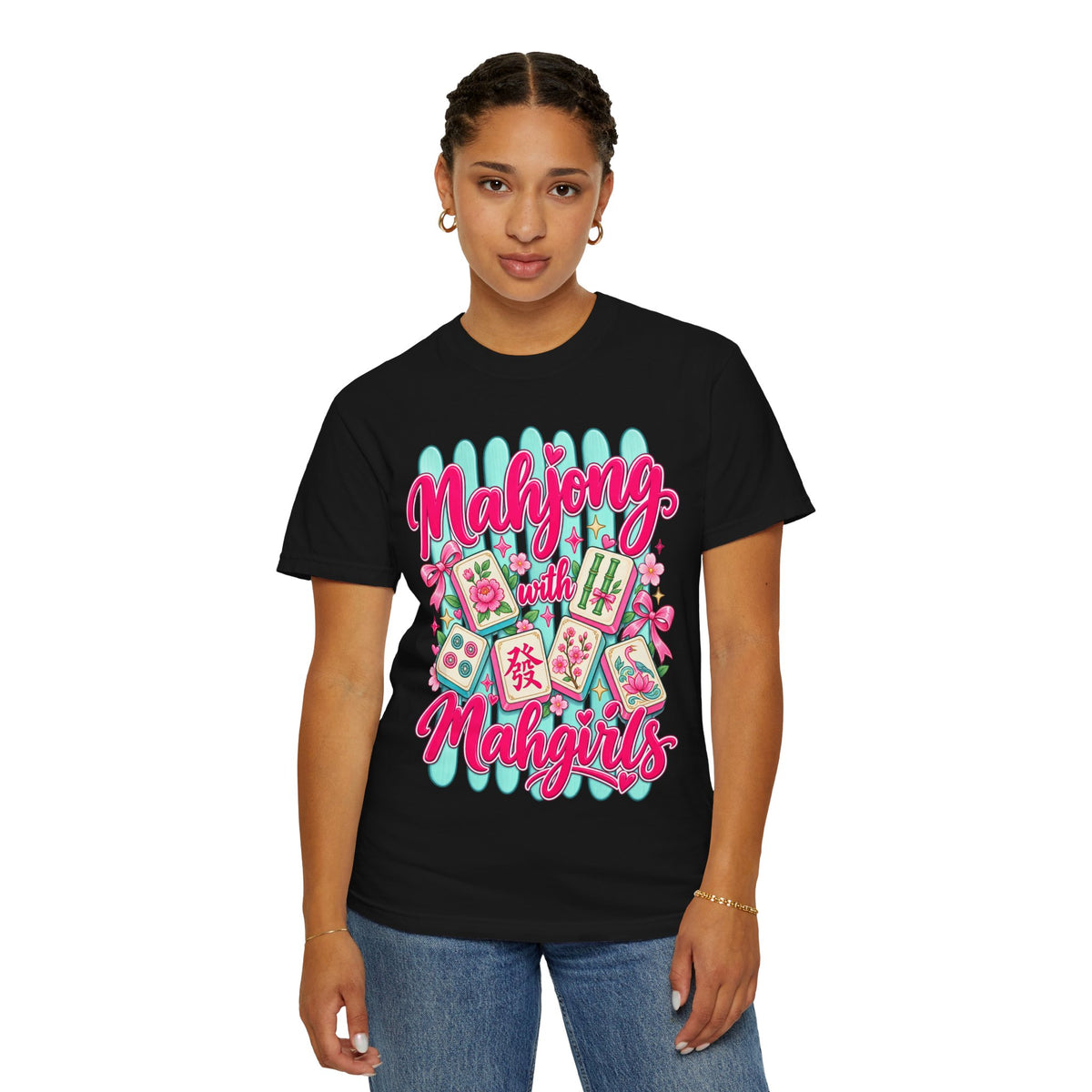Mahjong with Mahgirls T-Shirt — Cute Floral Mahjong Tiles Tee for Mahjong Lovers