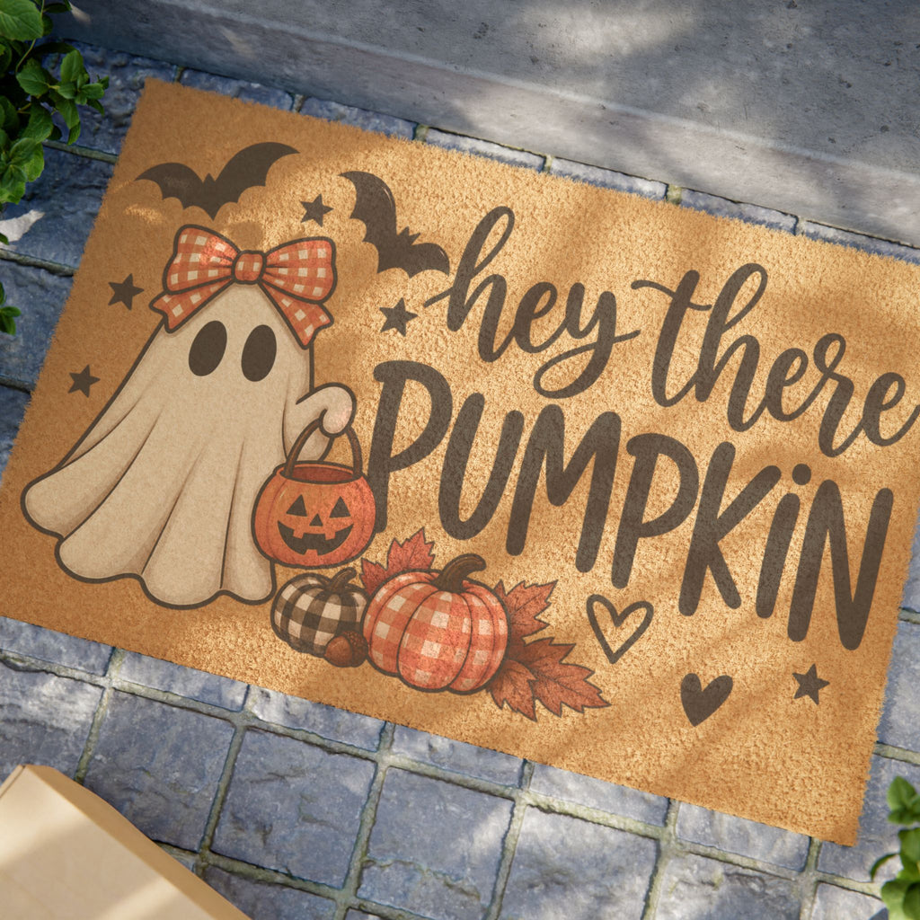 Hey There Pumpkin Halloween Doormat Cute Ghost Pumpkin Fall Welcome Mat