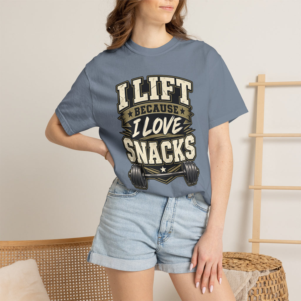 I Lift Because I Love Snacks T-Shirt — Funny Gym Weightlifting Tee