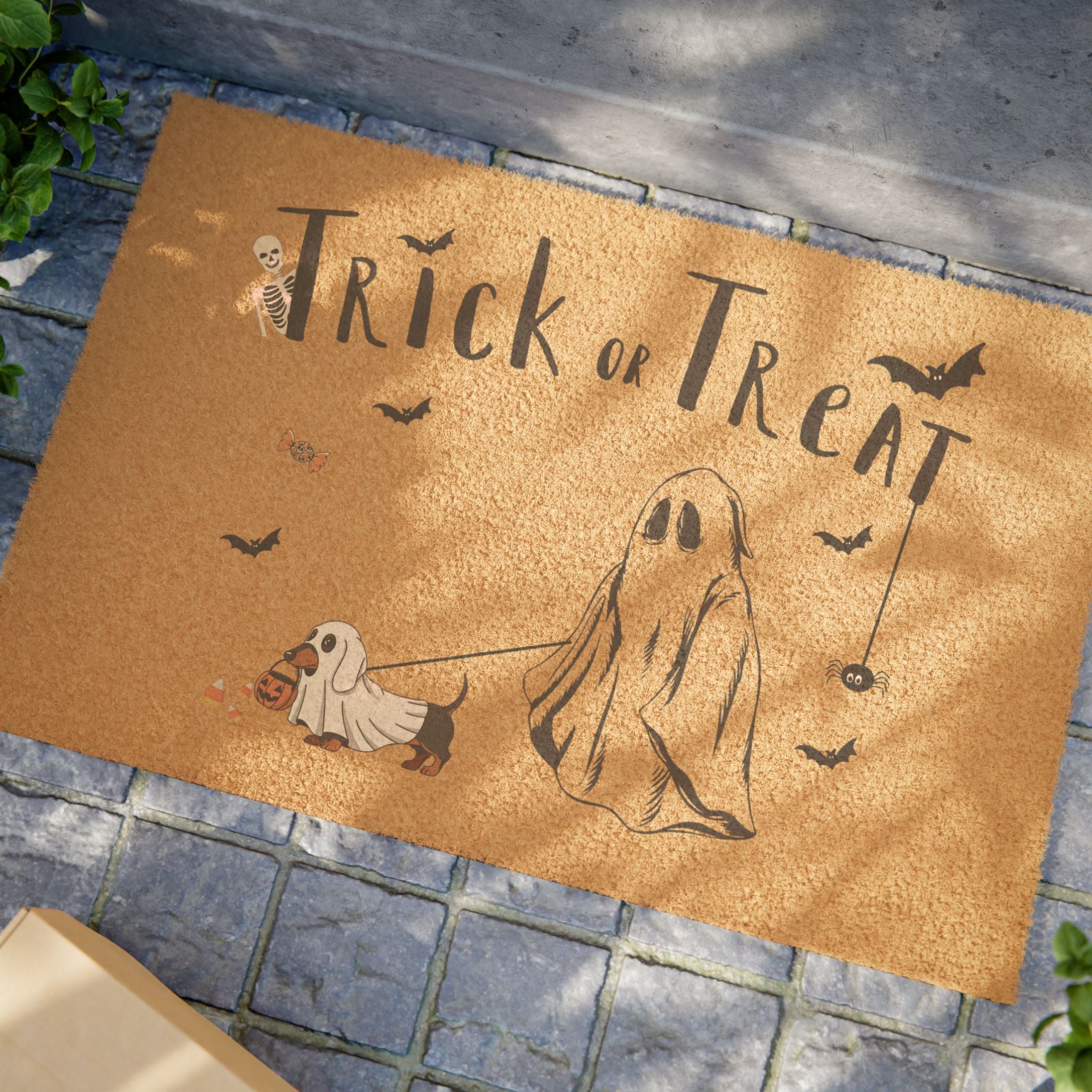 Trick or Treat Halloween Doormat — Ghost & Pup Porch Welcome Mat