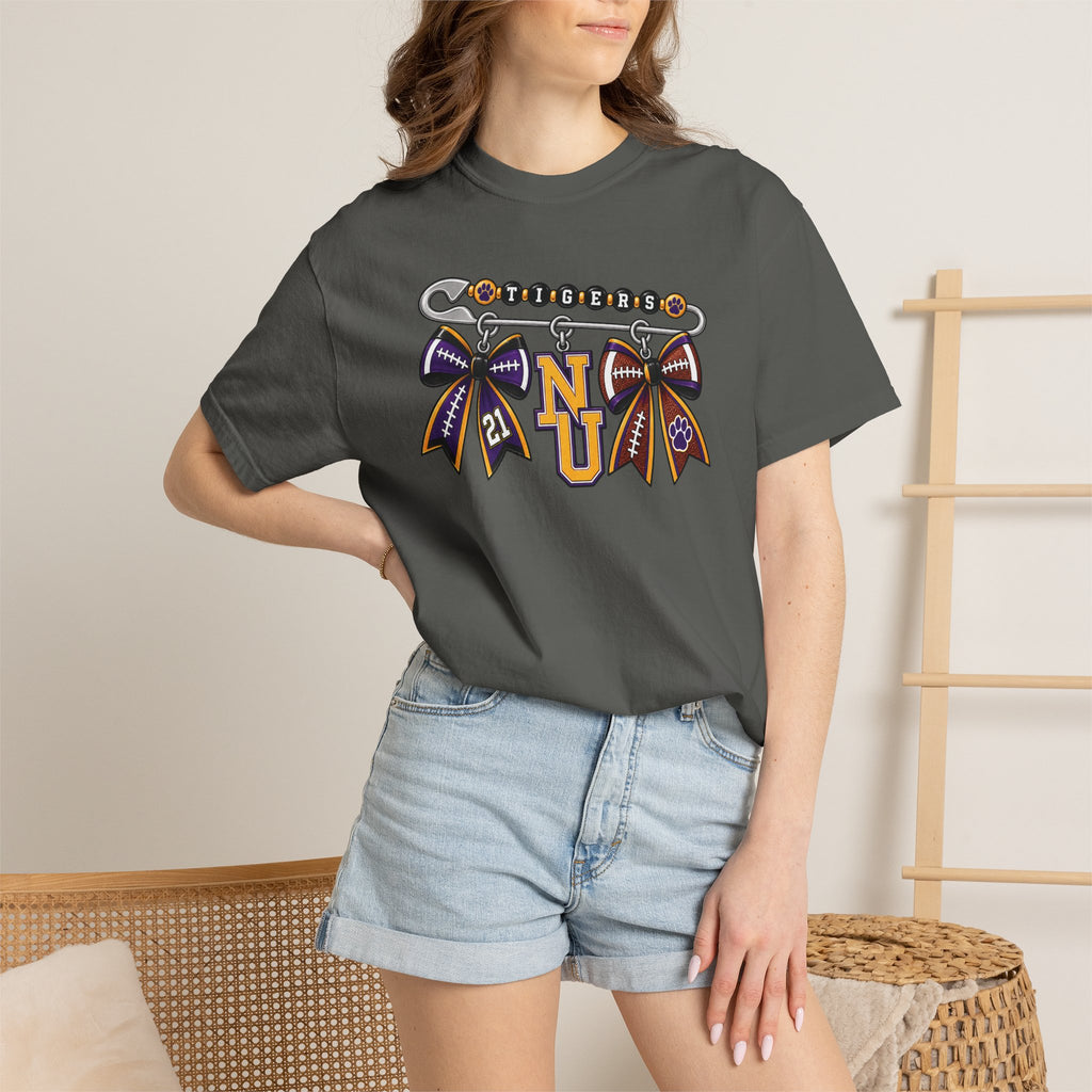 Safety Pin Charm TShirt Purple Gold Cheer Ribbon Design