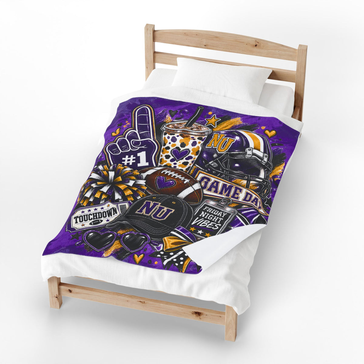 Velveteen Plush Blanket - Purple 'Game Day' Football Collage (NU) - Friday Night Vibes Throw