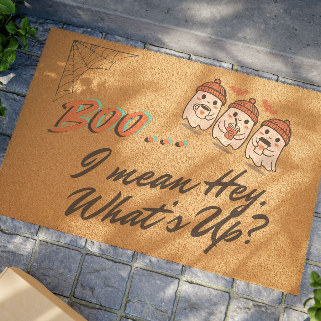 Halloween Ghost Doormat — "Boo... I mean Hey, What’s Up?" Welcome Mat