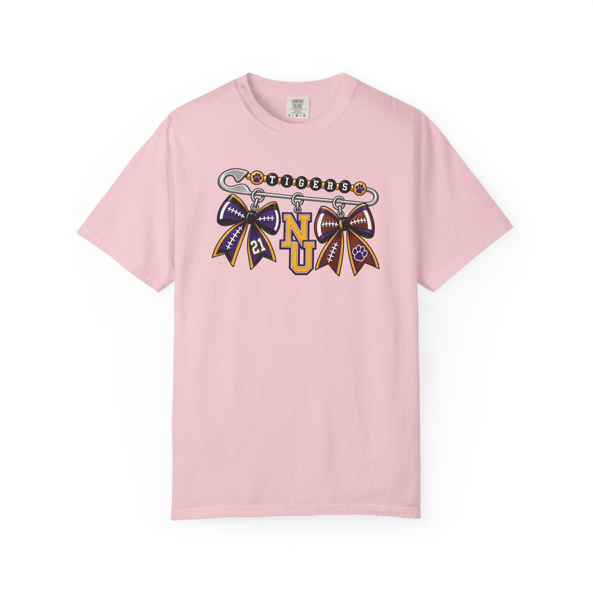 Safety Pin Charm TShirt Purple Gold Cheer Ribbon Design