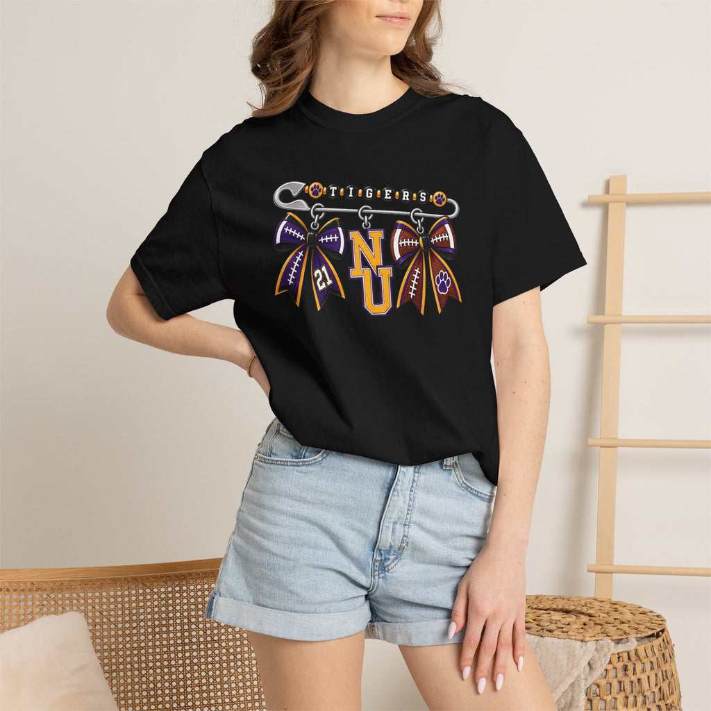 Safety Pin Charm TShirt Purple Gold Cheer Ribbon Design