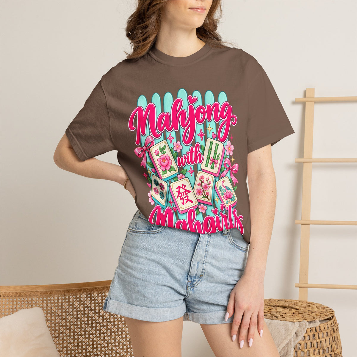 Mahjong with Mahgirls T-Shirt — Cute Floral Mahjong Tiles Tee for Mahjong Lovers