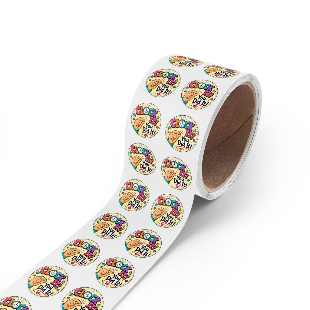 Round Reward Stickers — “Clock It! You Did It!” Positive Reinforcement Label Rolls