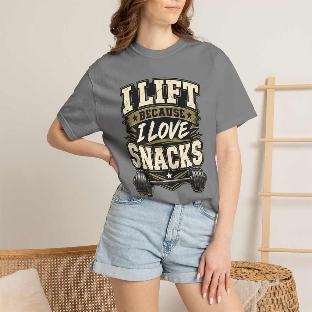 I Lift Because I Love Snacks T-Shirt — Funny Gym Weightlifting Tee