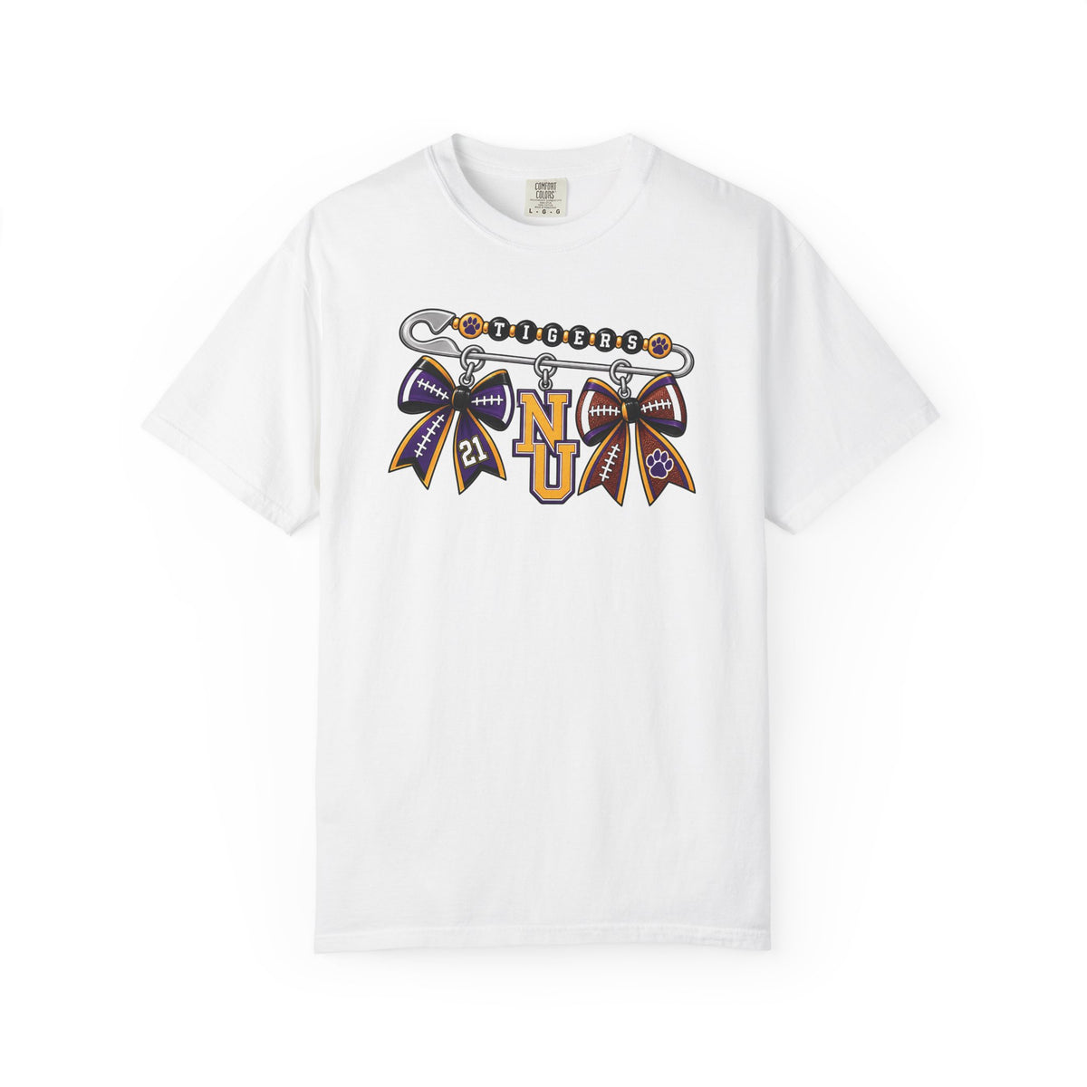 Safety Pin Charm TShirt Purple Gold Cheer Ribbon Design