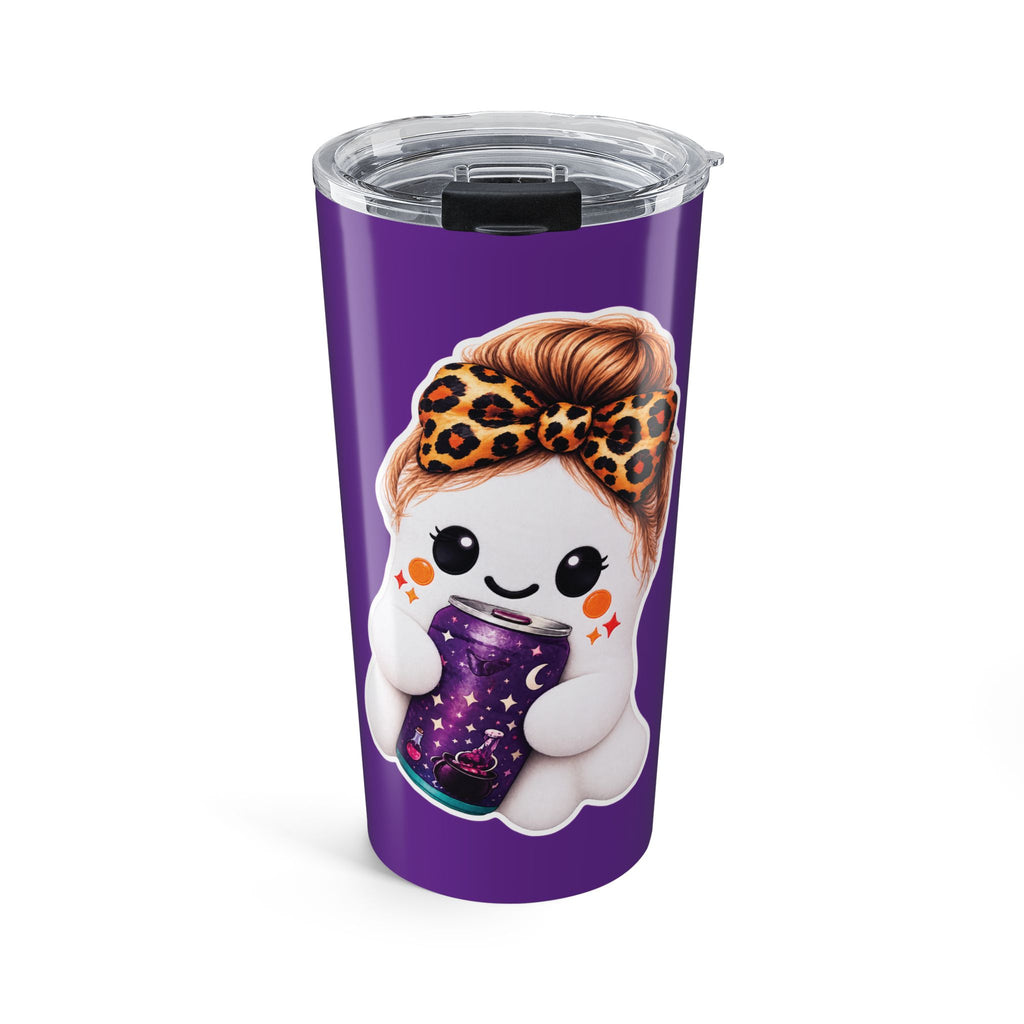 20oz Cute Ghost Tumbler — Purple Halloween Drink Cup with Leopard Bow Design