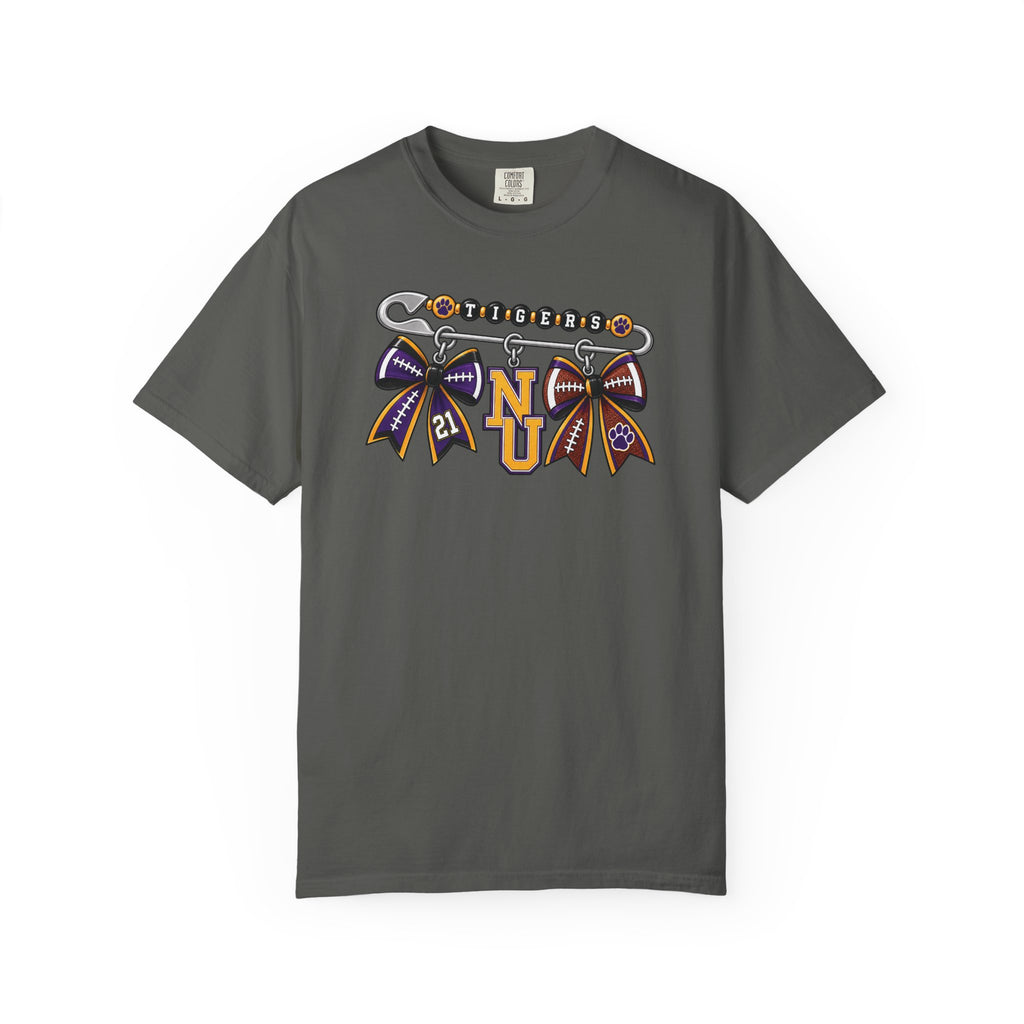 Safety Pin Charm TShirt Purple Gold Cheer Ribbon Design