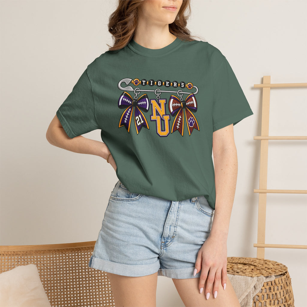 Safety Pin Charm TShirt Purple Gold Cheer Ribbon Design