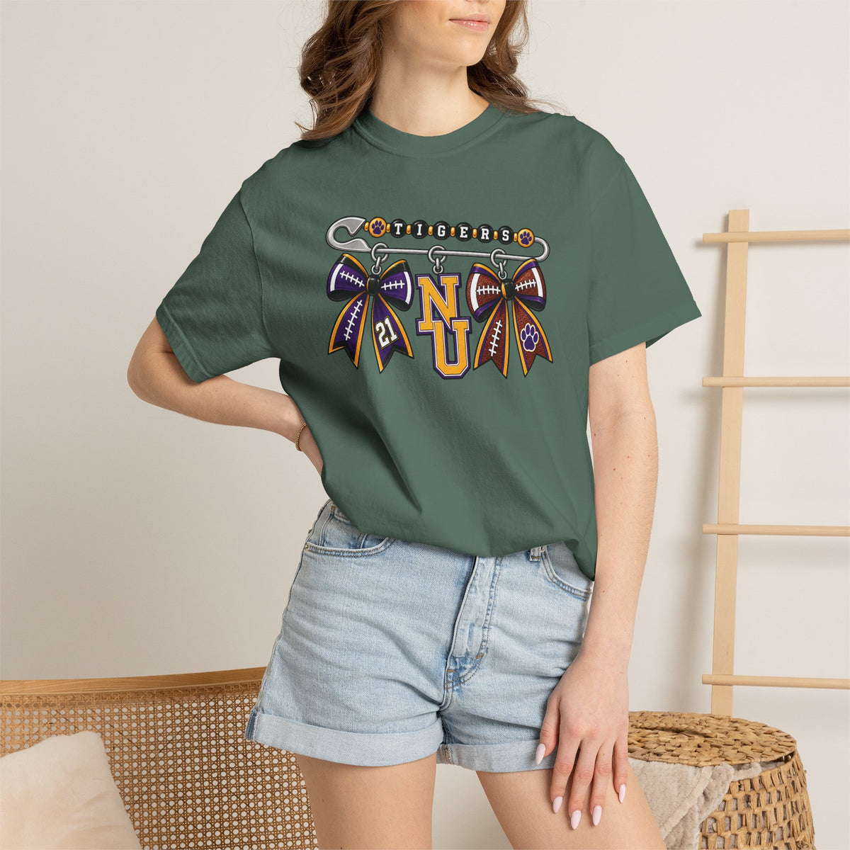 Safety Pin Charm TShirt Purple Gold Cheer Ribbon Design