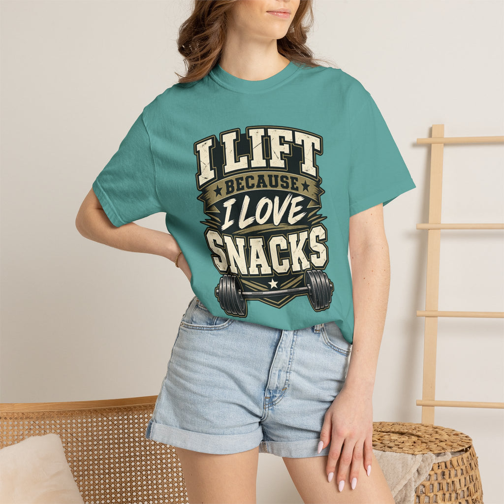 I Lift Because I Love Snacks T-Shirt — Funny Gym Weightlifting Tee