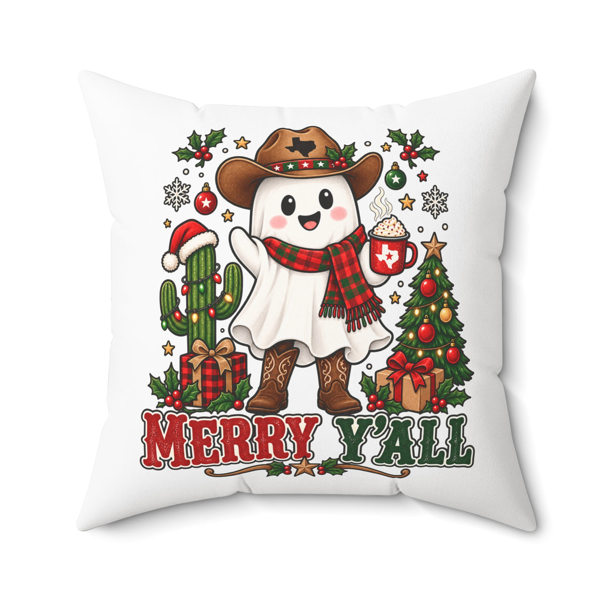 Halloween & Christmas Ghost Cowboy Pillow – “Boo Y'all” / “Merry Y'all” Decorative Throw Pillow
