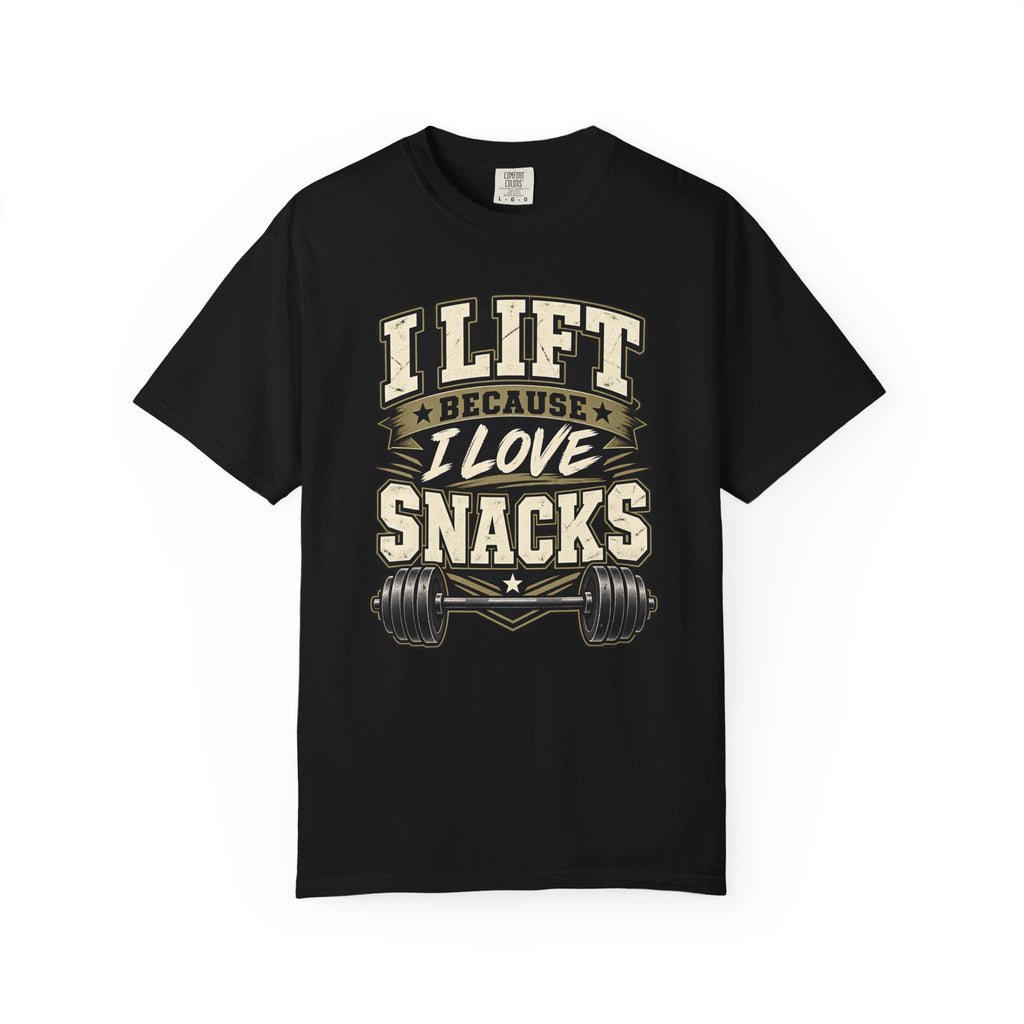 I Lift Because I Love Snacks T-Shirt — Funny Gym Weightlifting Tee