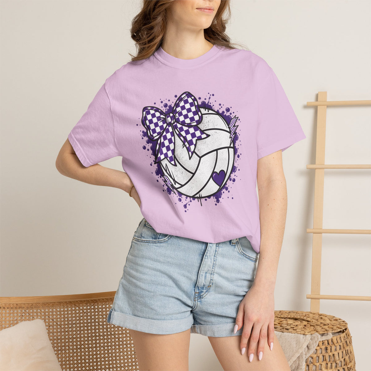 Volleyball Heart Purple Bow Graphic Tee
