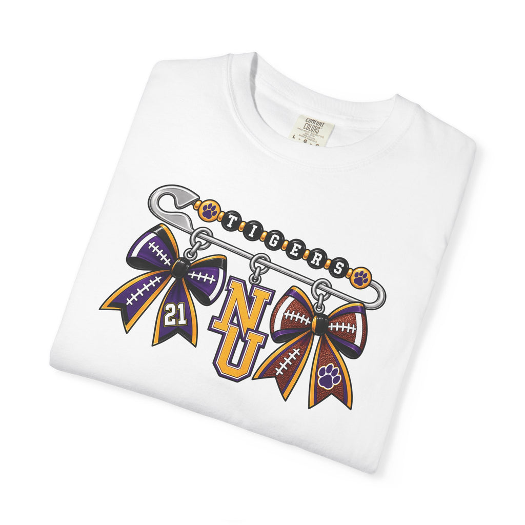 Safety Pin Charm TShirt Purple Gold Cheer Ribbon Design